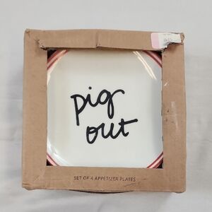 Formation Brands White Red Set Of 4x Appetizer Plates Black Text "Pig Out" NWT